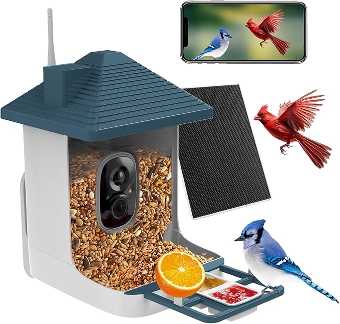 Smart Bird Feeder with Camera,AI Identify Species,Bird House with Solar Powered,Instant Arrival Alerts,64GB Card Auto Record Video,2K Capture Video,Live View for Lover (Blue+64G Card)