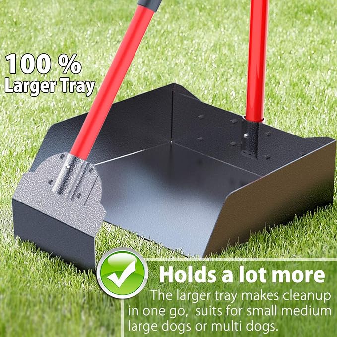 Heavy Duty Metal Pooper Scooper for Large Dogs,Long Handle Dog Pooper Scooper with Large 9.5'' Tray & Rake,Rustproof Aluminum Pet Waste Scooper for Grass,Gravel & Yard