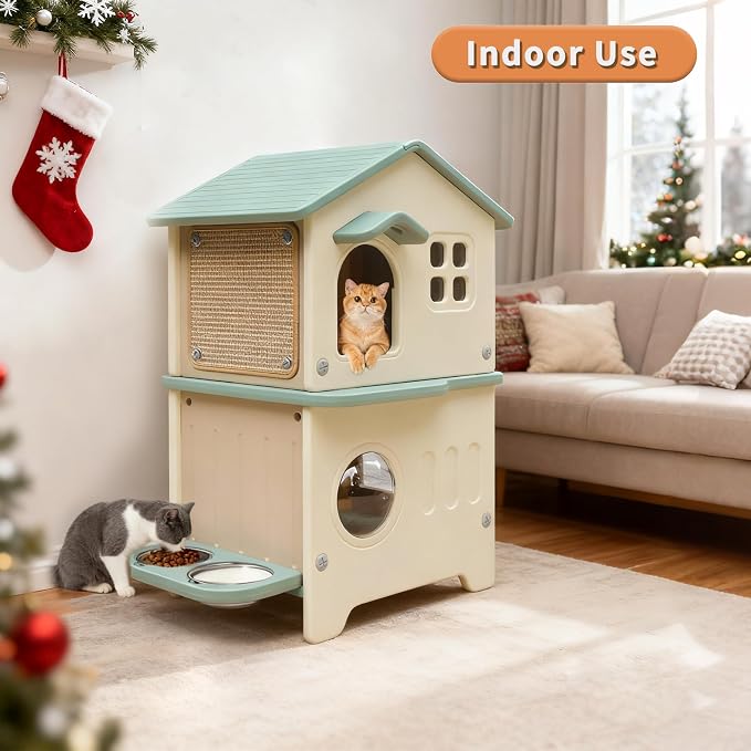 Outdoor Cat House with Liner, 100% Insulated Cat Houses for Winter Outside | 2 Story Waterproof Cat House for Outdoor Cats, Sturdy Cat Bowls & Scratch Pads, Clean Easily