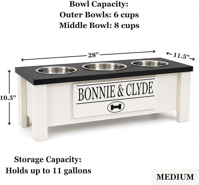 3 Bowl Dog Feeding Station, Personalized Triple Bowl Food Stand Medium Dogs | Farmhouse Style, Elevated Wood Stand, Storage Container, Stainless Steel Bowls, Raised Anti-Slip Feeder, Made in USA