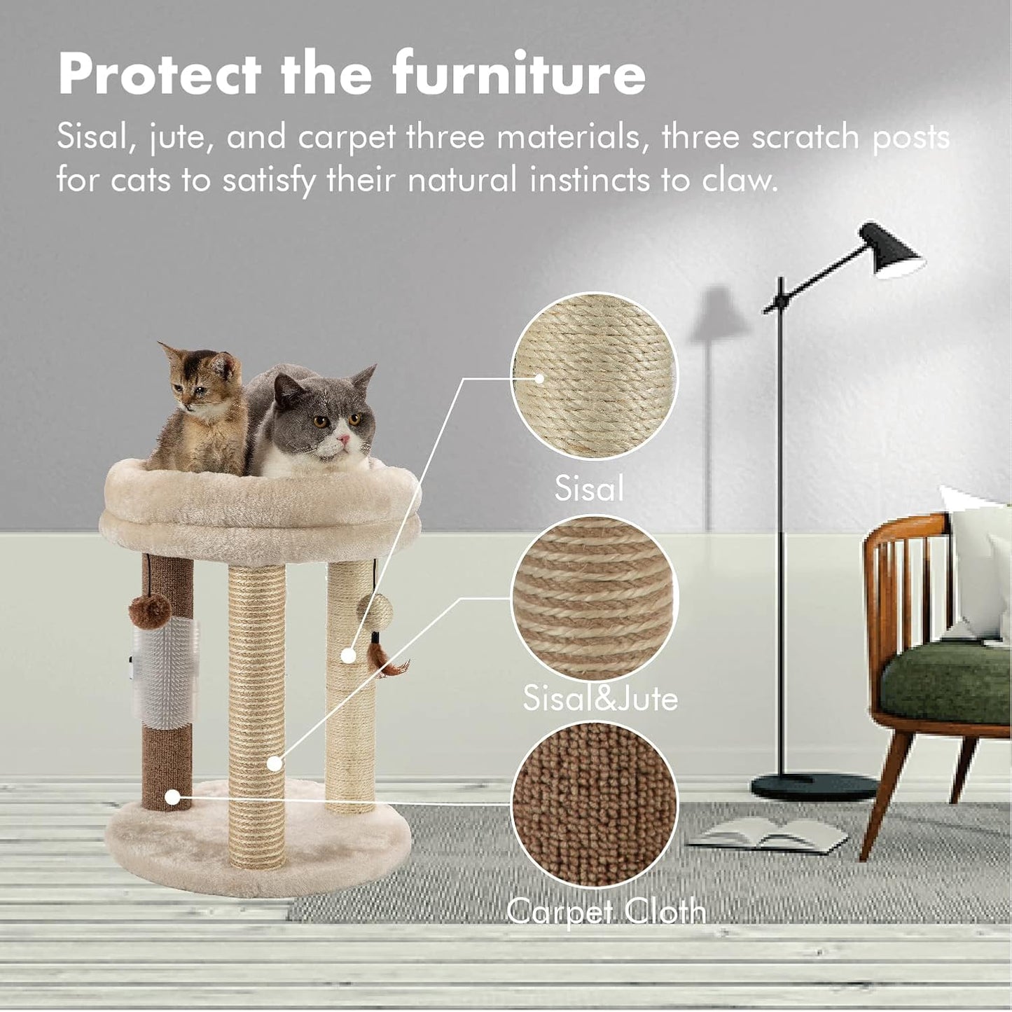 MECOOL 4in1 Small Cat Tree,Scratching Post with Tower Soft Bed, Sisal Carpet Jute Posts with Three Hanging Ball Toys and Massage Brush for Indoor Cats and Kittens