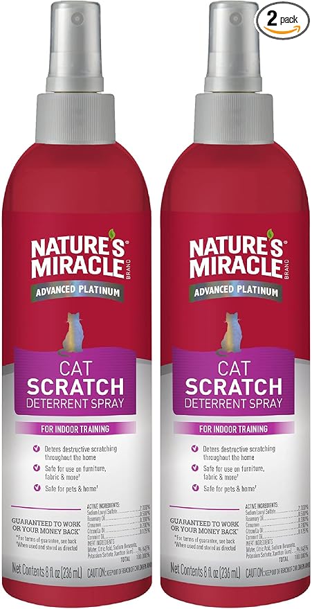 Nature's Miracle Advanced Platinum Cat Scratch Deterrent Spray,8 Ounces,Discourages Destructive Scratching,(Pack of 2)