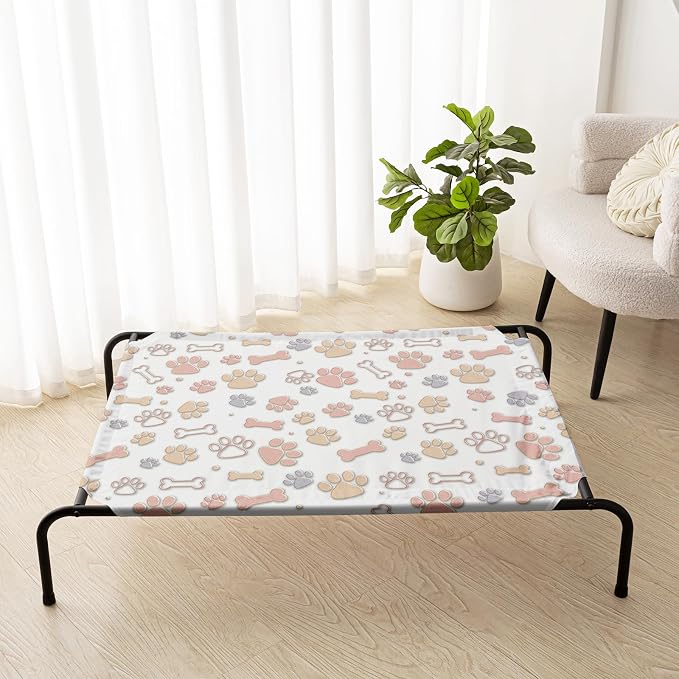 QOOMO Elevated Dog Bed with Cooling Fabric, Pet Cot for Small and Big Dogs, Indoor and Outdoor Use, Joint Relief, Cute Printed Cushion Included (Orange Paw Prints, 35.43" L*25.59" W*8.27" Th)