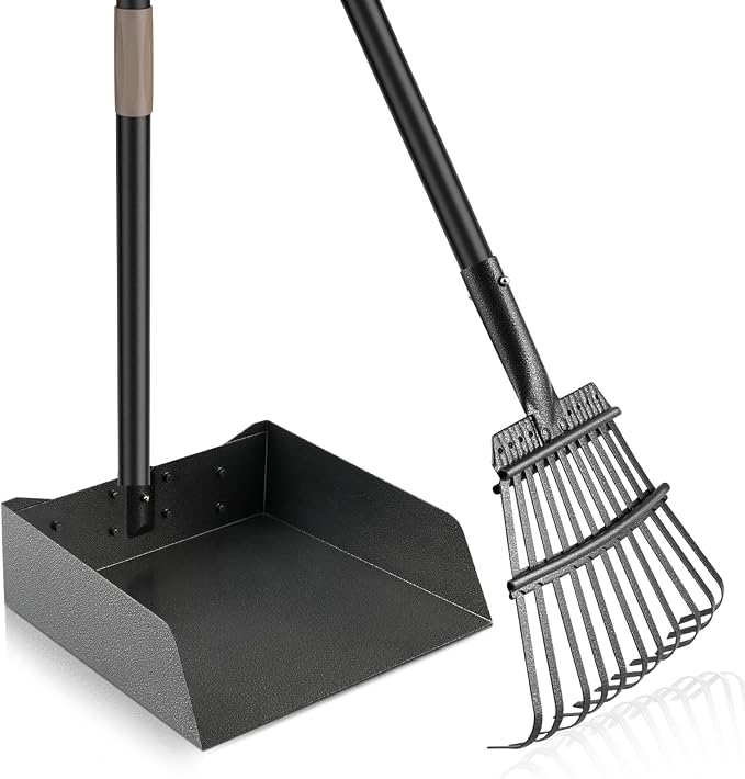 Pooper Scooper for Large Dogs, Metal Poop Scooper with Rake,Tray for Yard | Extra Large Pan, Long Handle, No Bending, Heavy Duty Stainless Steel, Rust Proof, Perfect for Seniors Pet Owner Multiple Dog