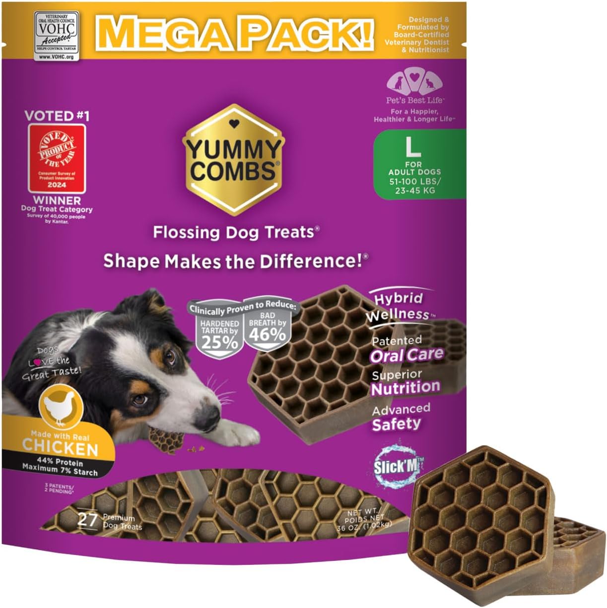 Dog Dental Treats – Vet VOHC Approved – Delicious Chicken Protein – Removes Tartar with Cleaning Comb Shape – Dental Dog Treats for Large Dogs (36oz, 27 Count)