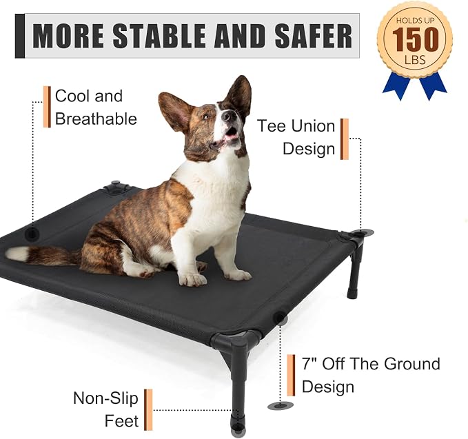 Garnpet Elevated Dog Bed - Raised Dog Cot Fits Up to 150 LBs, Heavy Duty Pet Cot with Durable Supportive Mesh, Indoor & Outdoor, Dark Grey