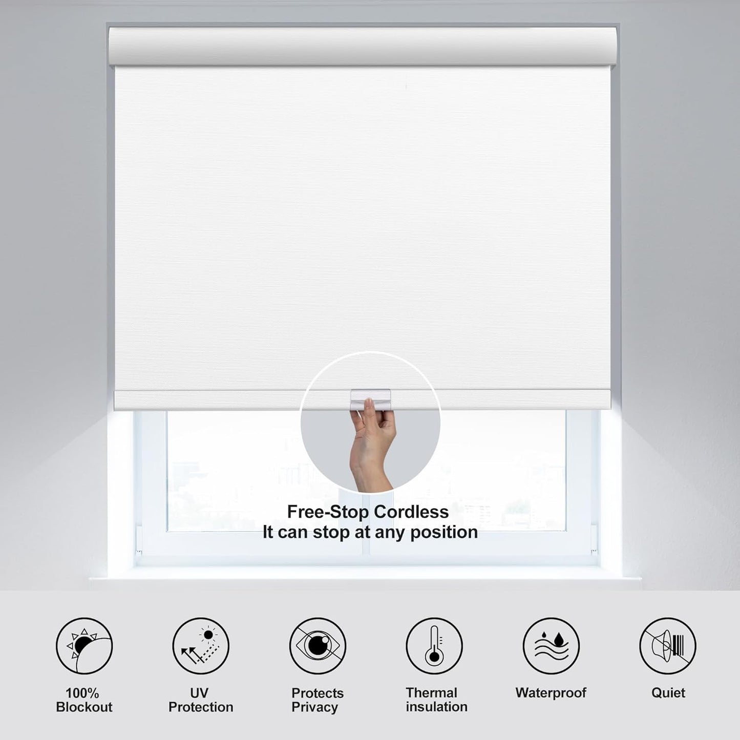 Boolegon Blackout Roller Shades for Windows,Cordless,Roller Blinds for Windows,Thermal Insulated Fabric UV Protection,Window Blinds Shades for Home,Office,Bedroom,Door,Blackout-Pure White,Custom Now