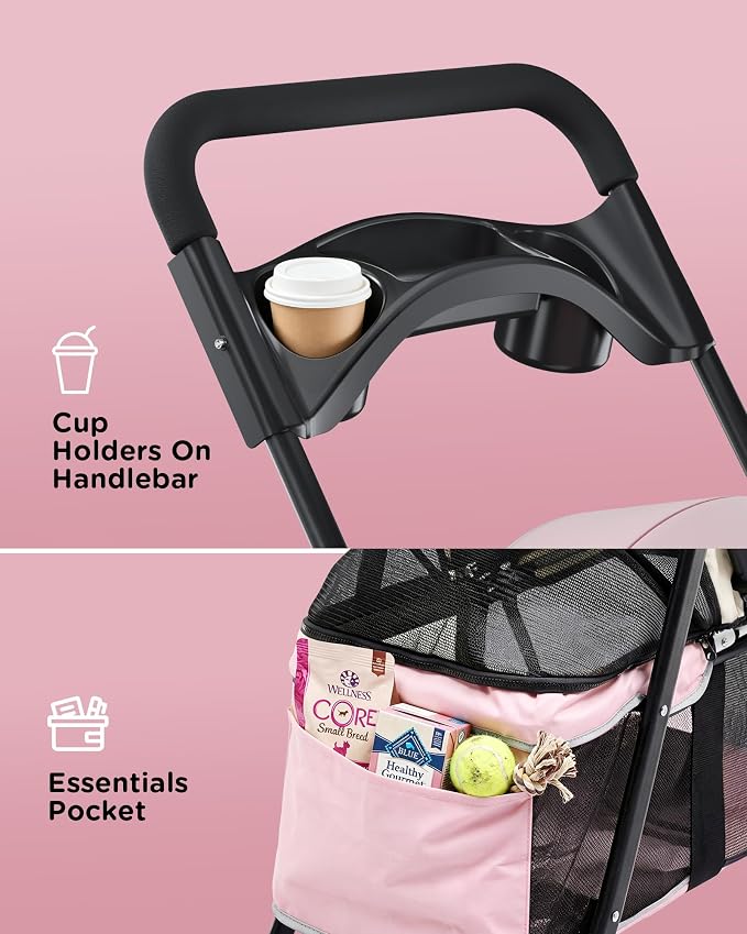 GTPLAYER Foldable Pet Stroller for Small Dogs and Cats, Holds Up to 33 lb, 4 Wheel, Full Mesh Ultra Breathable, Safety Tethers, Cup Holder & Poop Bags Included, Pink
