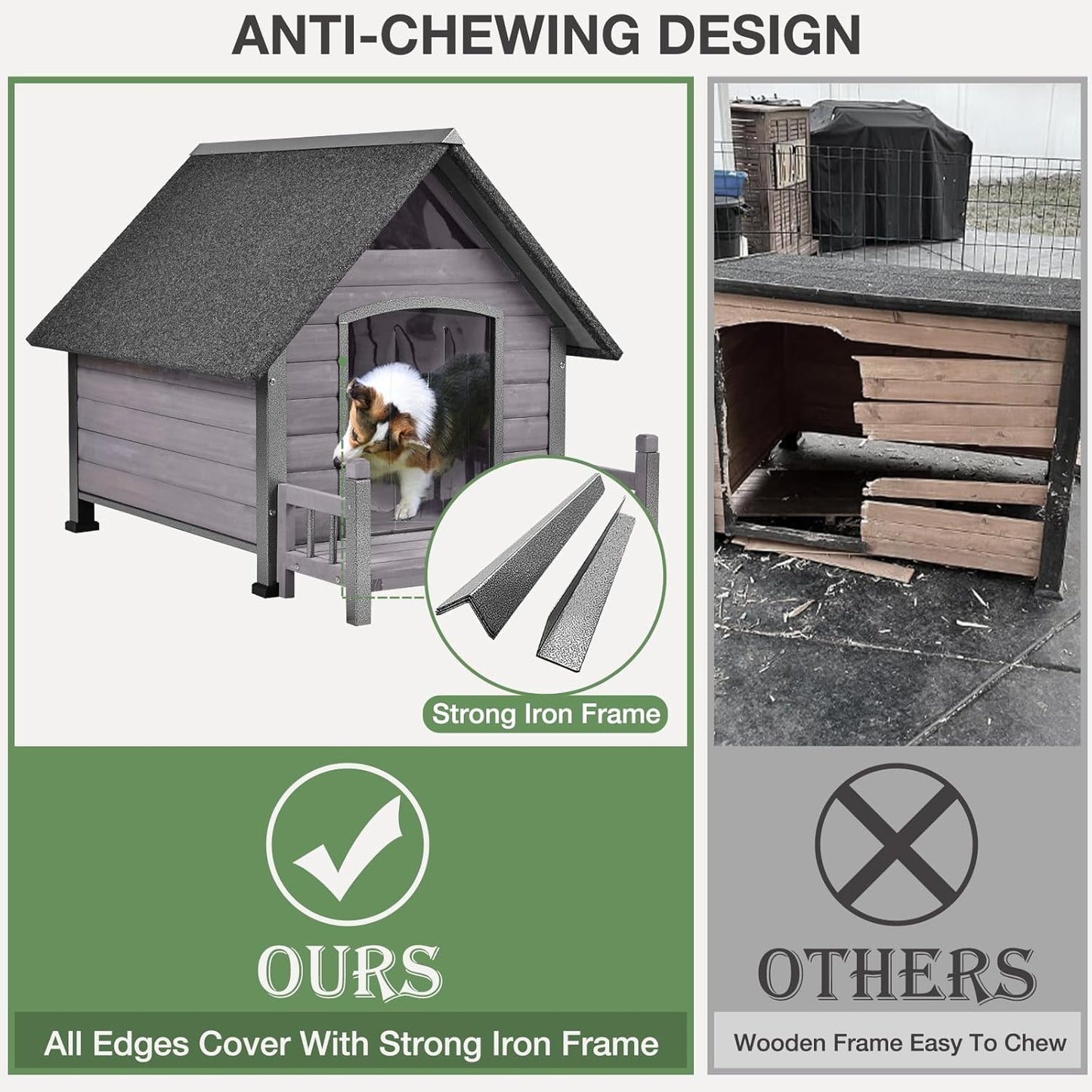 Large Dog House Outdoor Indoor All-Around Iron Frame Design Dog House with Porch＆Raised Feet for Small Medium Large Dogs（Grey）