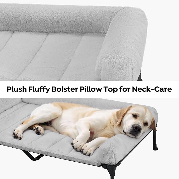 Veehoo Elevated Dog Beds Large Sized Dog with Fluffy Plush Bolster Cushion | Orthopedic Raised Dog Beds for Indoor Outdoor, Soft Pet Sofa Cot with Removable Washable Mat, No-Slip Feet, 49" x 33", Grey