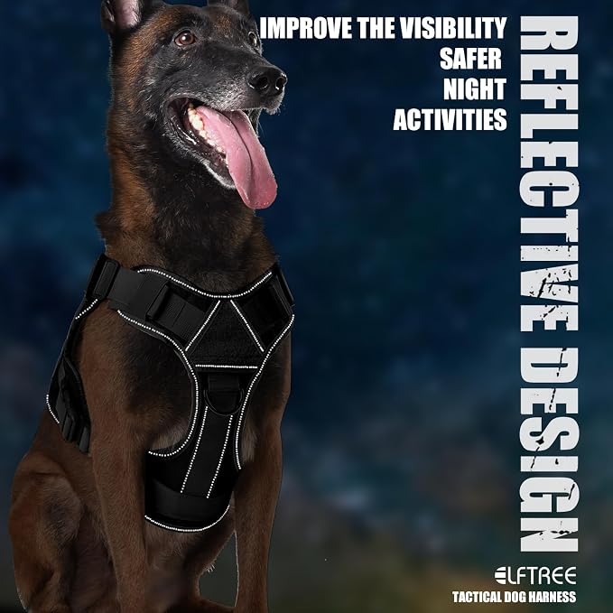 Tactical Dog Harness, Military Reflective Dog Harness | 2X Metal Buckle，Hidden Airtag Holder and Handle, Adjustable No-Pull Service Dog Vest with Molle & Loop Panels