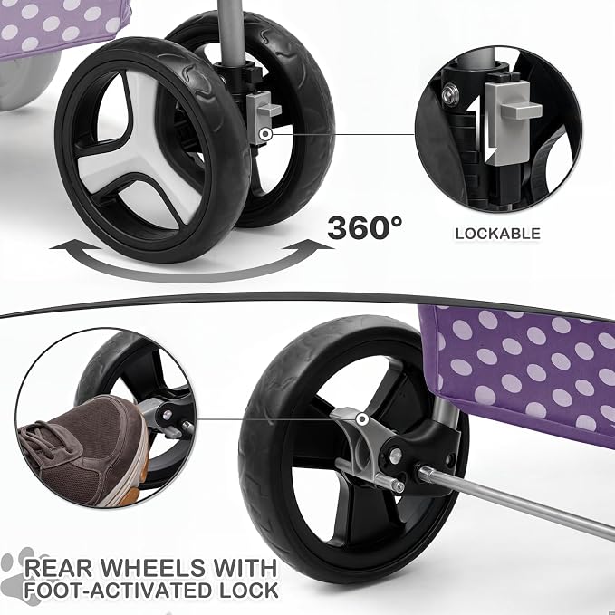 MoNiBloom 3 Wheels Pet Dog Cat Stroller for Small Medium Dogs Cats, Foldable Jogger Stroller w/Storage Basket and Cup Holder, Purple Polka Dots
