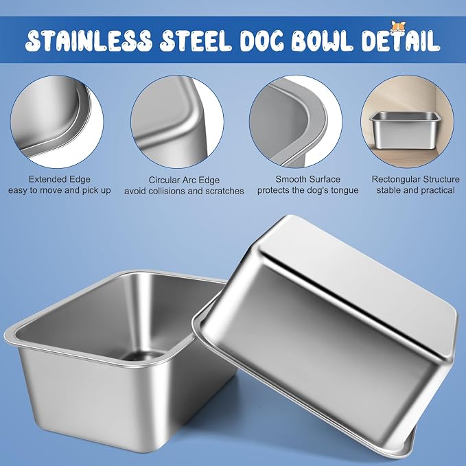 Bwogue Extra Large Dog Water Bowl, 3 Gallons, Stainless Steel, Durable, High Capacity, Rectangular Structure, Strong Stability, Easy to Clean | 2 PCS Large Dog Water Bowl, Large Water Bowl for Dogs, Wide Deep Bowl, Rectangular Shape, Easy to Clean, Ind...