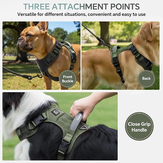 Heavy Duty Tactical Dog Harness for Large Dogs, No Pull Dog Harness with Handle & Front Clip, Reflective Soft Padded, Hook and Loop Panel, Dog Vest for Walking, Service Training, Army Green