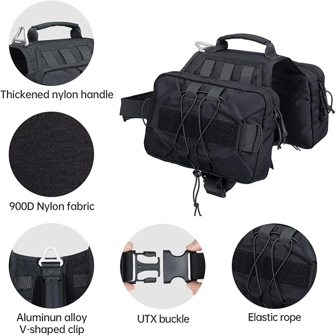 EXCELLENT ELITE SPANKER Nylon Dog Backpack with 2 Side Pockets for Hiking | Adjustable Tactical Dog Pack Hound Saddle Bag Harness for Medium & Large Dog Traveling Camping Walking Training Running