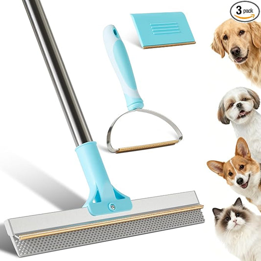 JOYMOOP 3 PCS Carpet Rake for Pet Hair Removal, 63" Adjustable Long Handle and Short Handle Reusable Pet Hair Remover, 1 Mini Cat Dog Hair Carpet Scraper for Rugs, Sofa,Cloth
