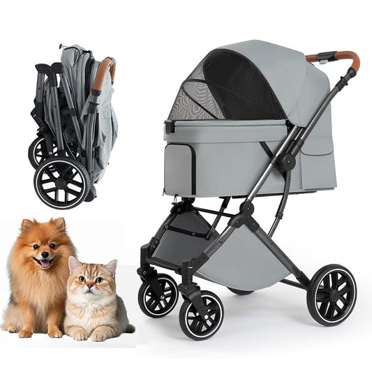 Pet Stroller for Small Medium Dogs Cats Up to 50 lbs,4 Wheels One-Click Folding Pet Stroller with Reversible Handle, All-Weather Convertible Canopy (Grey)