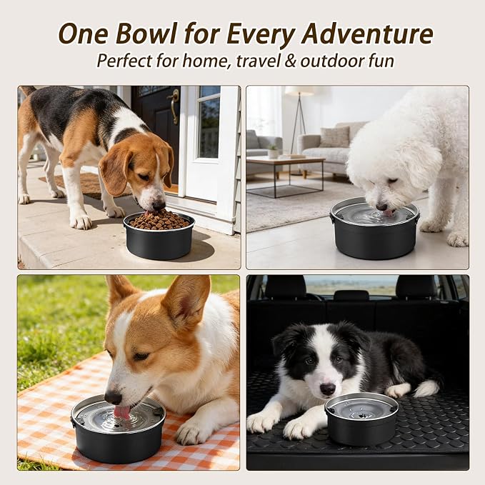 Dog Water Bowl No Spill, 1.5L/50oz Stainless Steel Slow Water Bowl for Dogs, Spill Proof Dog Bowl with Anti-Splash & Non-Slip, Slow Drinking Water Bowl Dispenser for Messy Drinkers (Black)