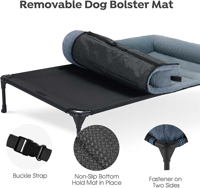 Veehoo Elevated Dog Beds Medium Sized Dog with Fluffy Plush Bolster Cushion | Orthopedic Raised Dog Beds for Indoor Outdoor, Soft Pet Sofa Cot with Removable Washable Mat, No-Slip Feet, 32" x 25", Blue