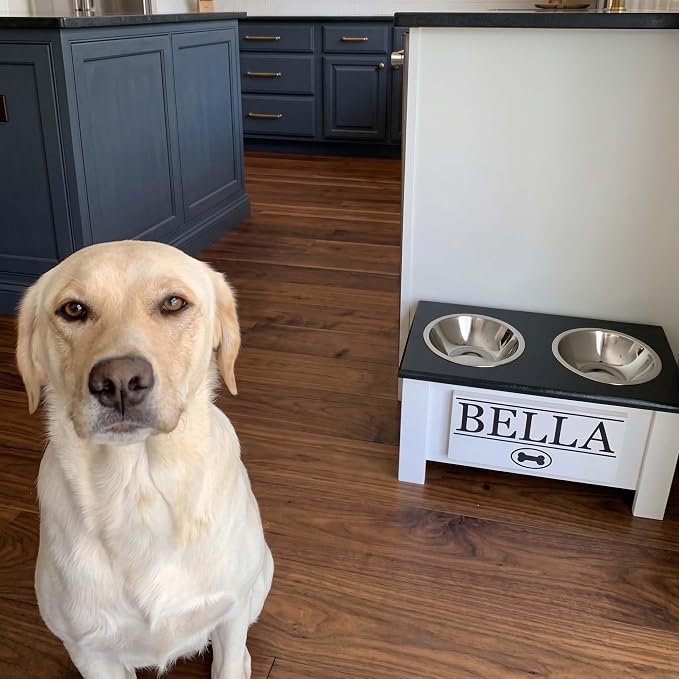 Elevated Dog Bowls, Personalized Raised Dog Bowl Stand for Medium Dogs | Farmhouse Style, Elevated Wood Stand, Storage Container, Stainless Steel Bowls, Raised Anti-Slip Feeder, Made in USA