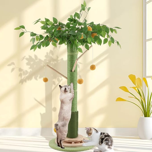 Cat Scratching Post, 46 Inch Tall Cat Scratcher Tree for Indoor Cats Adults with Natural Sisal Rope, Large Scratching Posts with Rubber Brush, 3-Layer Solid Wood Base and Balls Track Toy