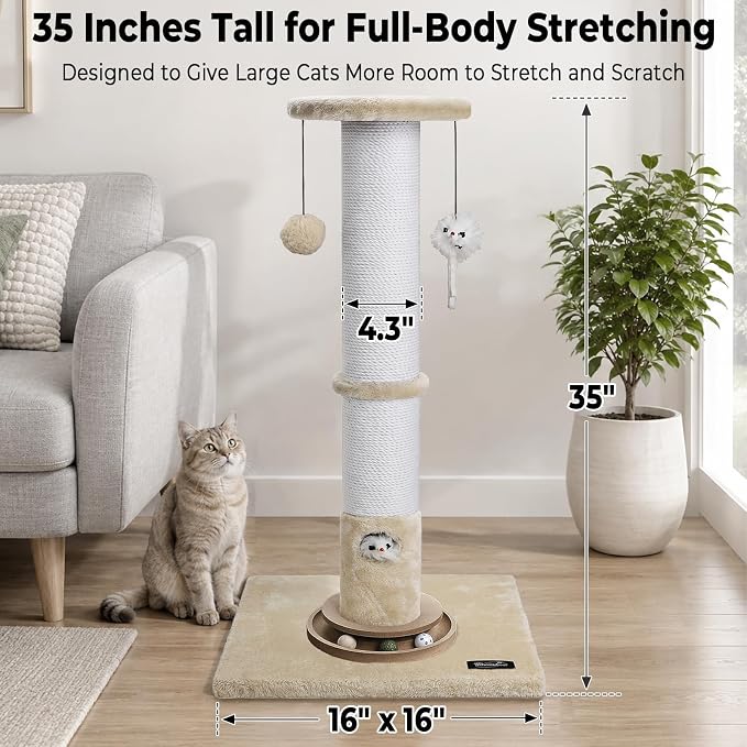 35-Inch Tall Cat Scratching Post, Stable Base for Large Cats, Beige | Heavy-Duty, Soft Natural Cotton Rope Cat Scratcher, Interactive Cat Toys, Wooden Ball Track, for Kittens and Indoor