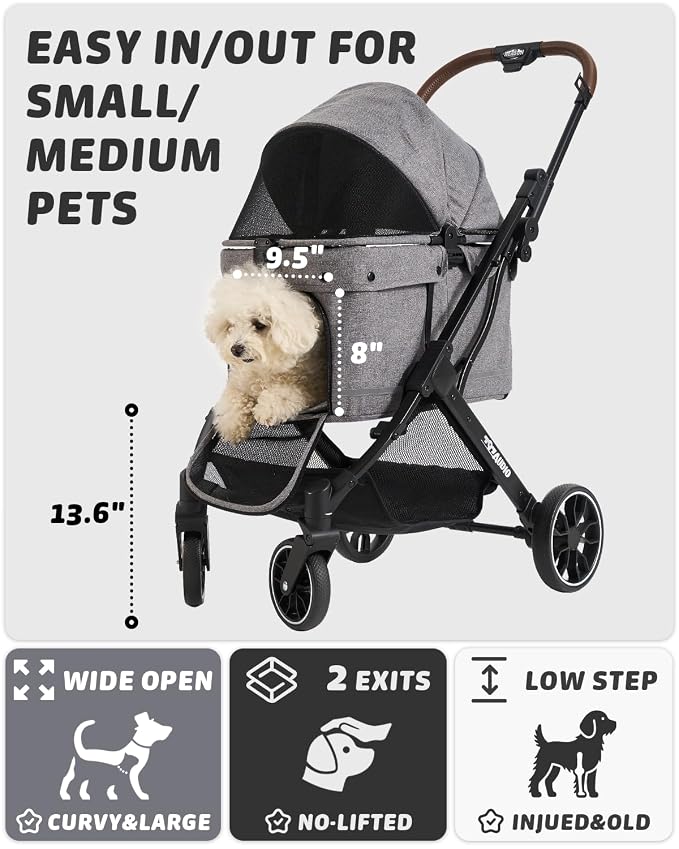797Audio Dog Stroller for Small Medium Dogs, Pet Stroller for Cats Puppy Up to 121lbs,Foldable,One Click Folding,4 Wheel Shock Absorption,Adjustable Canopy with Sun Shades,Removable Washable Pad(Grey)