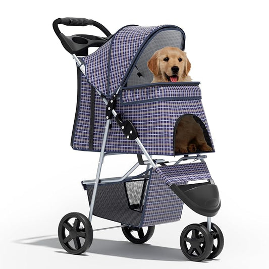 Pet Stroller for Small Dogs 10 lbs, Dog Stroller for Medium Dogs 30 lbs, Cat Strollers for 2 Cats, 3 Wheels Foldable Jogger Puppy Stroller with Storage Basket and Cup Holder, Plaid
