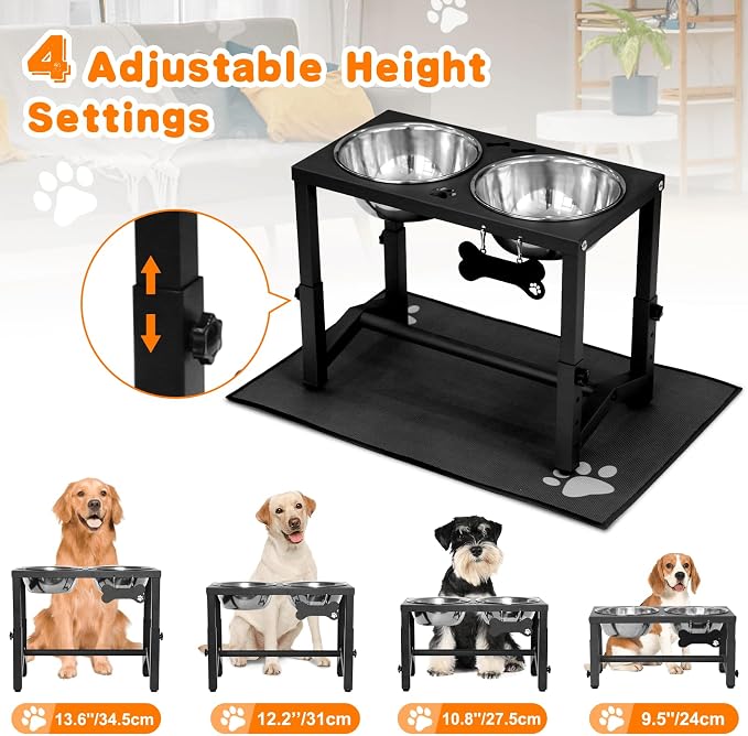 Elevated Dog Bowls, 4 Height Adjustable Metal Raised Bowl Stand with 2 Thick Stainless Steel Food Bowls & Spill-Proof Mat, Adjusts to 13.6'', 12.2'', 10.9'', 9.5'' for Large/Medium Breeds. Black