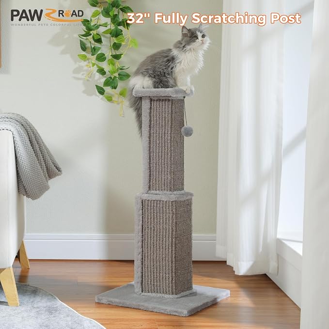 PAWZ Road Cat Scratching Post 32” Tall Square Cat Scratcher | Heavy Duty Cat Post with 16x16”Large Base Covered Sturdy Woven Sisal Scratcher and Cat Toy Ball for Adult and Indoor Cats