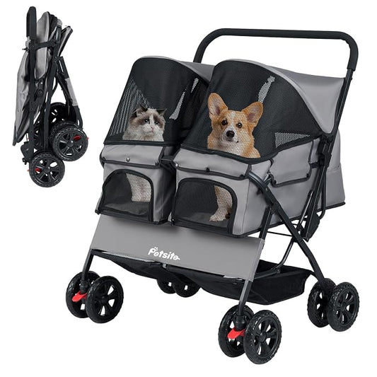 PETSITE Double Pet Stroller, Foldable Double Dog Stroller with 2-Seater Carrier, Adjustable Sunshade, Removable Pad, Safety Belt, Storage Basket, 4-Wheel Pet Travel Cart for 2 Puppies & Cats (Grey)