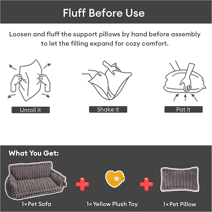 FUNNY FUZZY Dog Bed, Fluffy XXL Orthopedic Dog Couch with Pillow, Grey | Support Dog Bed for Extral Large Dogs, Cozy Corduroy Flannel, Non-slip, Snoozy Dream 47"×29.5"×15.7", Up to 75 Lbs