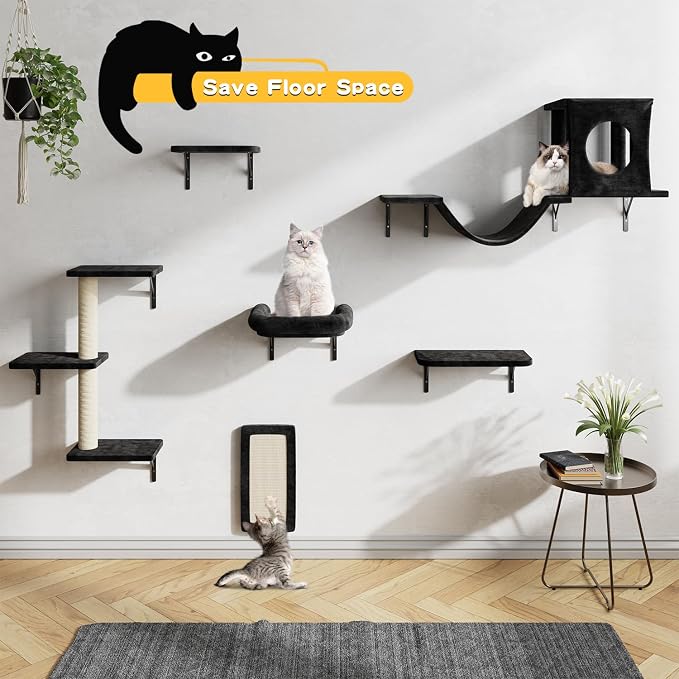 12-in-1 Cat Wall Shelves, Luxury Wall-Mounted Cat Climber Set with Condos House, Scratching Post, Bridge Ladder, Indoor Space-Saving Furniture for Kittens, Black
