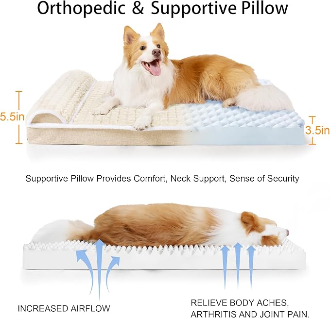 Orthopedic Medium Dog Bed Pillow Pet Sofa Bed 30''X20'' Ivory | Egg-Crate Foam Pet Couch Medium Size Dog, Waterproof Removable Washable Cover,Furry Puppy Crate Mat With Nonskid Bottom
