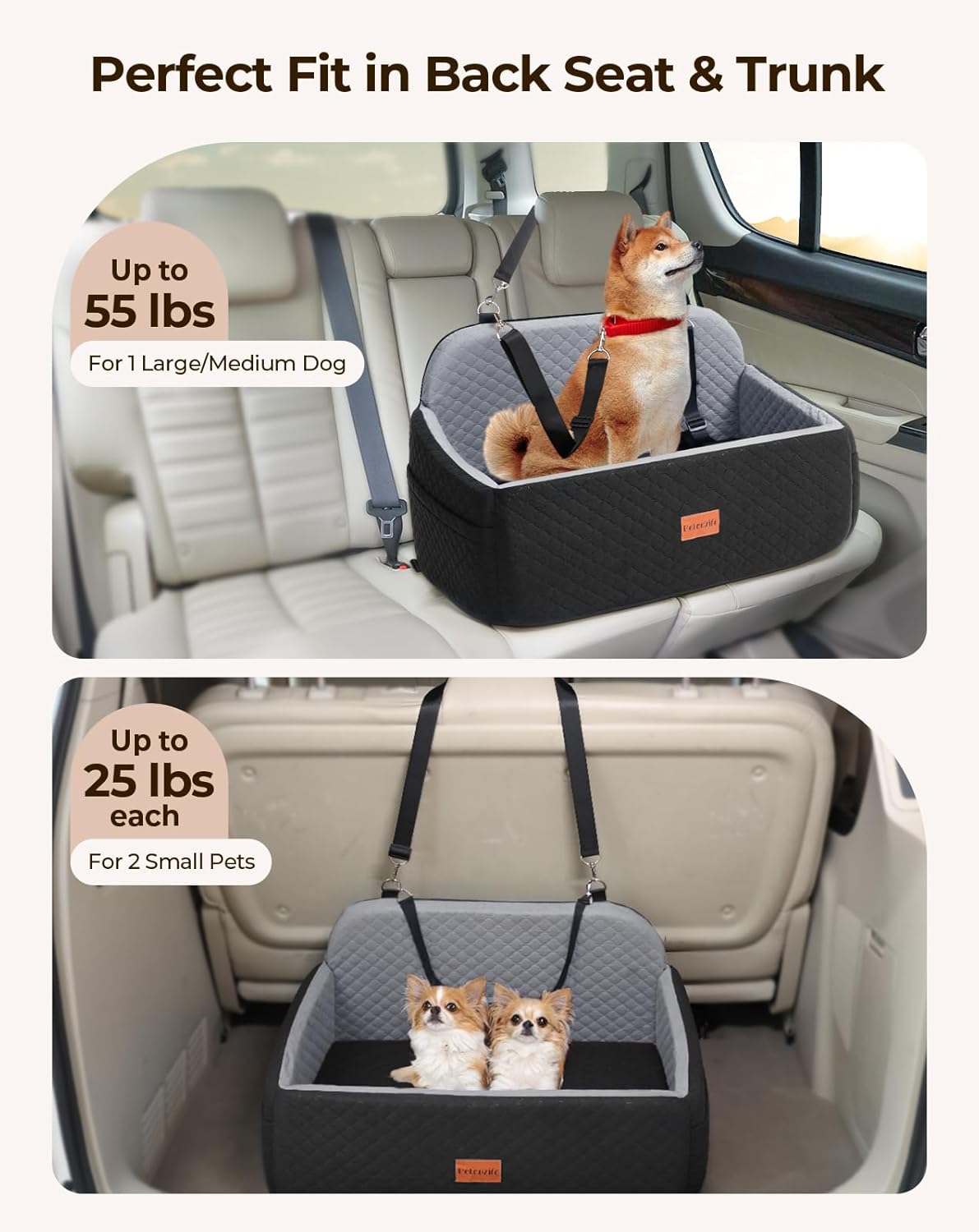 Dog Car Seat for Large Medium Dogs, Pet Car Seat Under 55 lbs or 2 Puppies, Removable Washable Pets Travel Booster Bed for Automotive Backseat with Comfy Thick Cushion, 2 Safety Leashes(Black/Gray)
