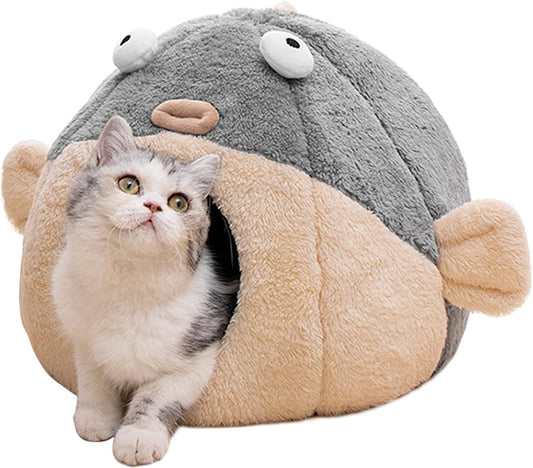 Cat Beds for Indoor Cats - Cat Bed Cave with Removable Washable Cushioned Pillow, Soft Plush Premium Cotton No Deformation Pet Bed, Lively Pufferfish Cat House Design, Grey, Multiple Sizes(L)
