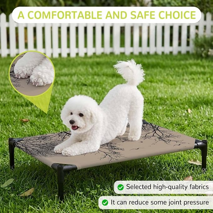 Outdoor Elevated Dog Bed for Large Dogs, Brown Black Branches Breathable Cooling Raised Dog Cot for Indoor/Outdoor, Botanical Dead Tree Birds Waterproof Elevated Pet Beds, L 28 x 22 in