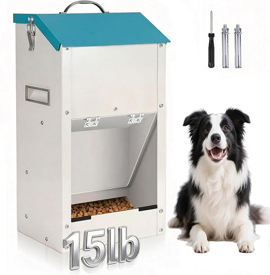 Automatic Dog Feeder Large Breed, Galvanized Dog Dry Food Dispenser | 15lbs Wall Mountable Gravity Pet Food Station Auto Feeder Self Feeding with Clear Door for Puppy, Dog, Cat Outdoor Indoor