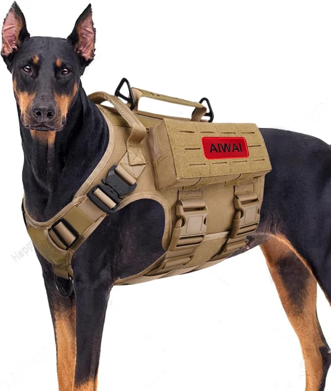 AIWAI Tactical Dog Harness with Handle for Large Dogs,2X Metal Buckle, Dog MOLLE Vest with Pockets,No Pull Adjustable Pet Harness, Easy Control Dog Vest Harness for Working Training (Khaki, Large)