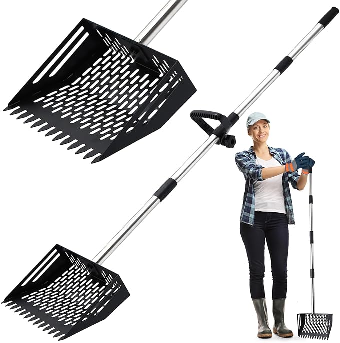 Linidcoud Chicken Poop Scooper, 10 Inch Metal Long Handle Chicken Coop Sand Pooper Scooper & Rake Adjustable Length, Durable Dog Pooper Scooper for Yard Farm Coop Accessories(Black)
