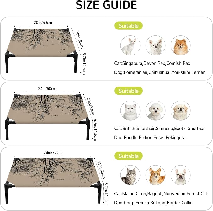 Outdoor Elevated Dog Bed for Large Dogs, Brown Black Branches Breathable Cooling Raised Dog Cot for Indoor/Outdoor, Botanical Dead Tree Birds Waterproof Elevated Pet Beds, L 28 x 22 in