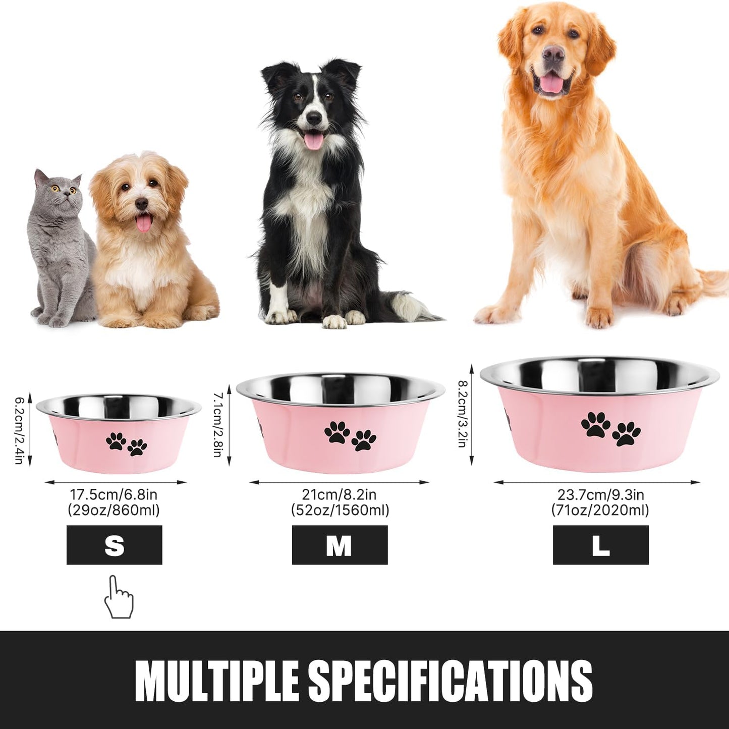 Stainless Steel Dog Bowls, Nonslip Rubber Bottom No Spill Proof Skid Metal Insulated Dog Bowls for Large Medium Small Breed Dogs (Pink, 3.6 Cups/29 OZ)