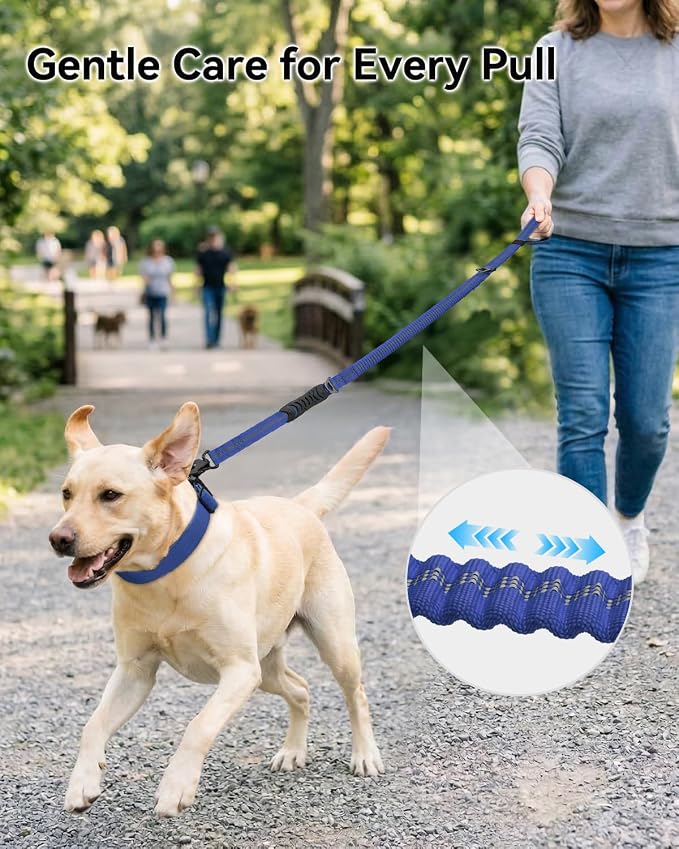 Joytale Tactical Bungee Dog Leash, Shock Absorbing No Pull, Navy Blue | For Large Dogs That Pull, 2 Padded Handles for Control, Car Seatbelt Clip, Reflective for Night Safety, Metal Frog Clip