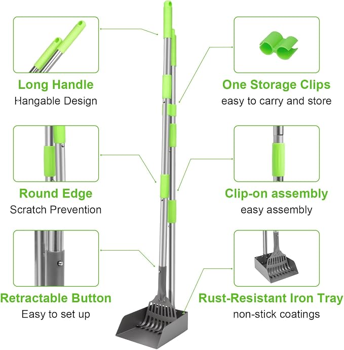Non-Breakable Pooper Scooper, Dog Pooper Scooper Tray & Rake Set with Adjustable Stainless Steel Long Handle for Large Medium Small Dogs (Green)