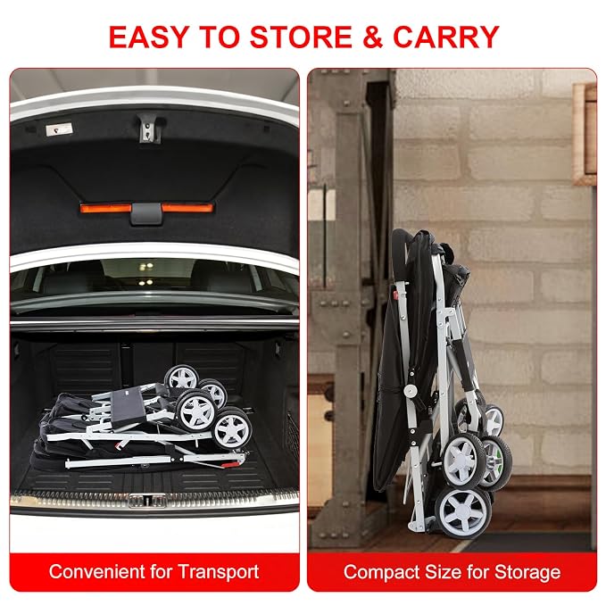 Double Pet Stroller for 2 Small Dogs & Cats, Side-by-Side Twin Travel Carriage with Safety Leashes, Mesh Windows & Double Storage Baskets, Lightweight & Foldable, 44lbs Capacity, Black
