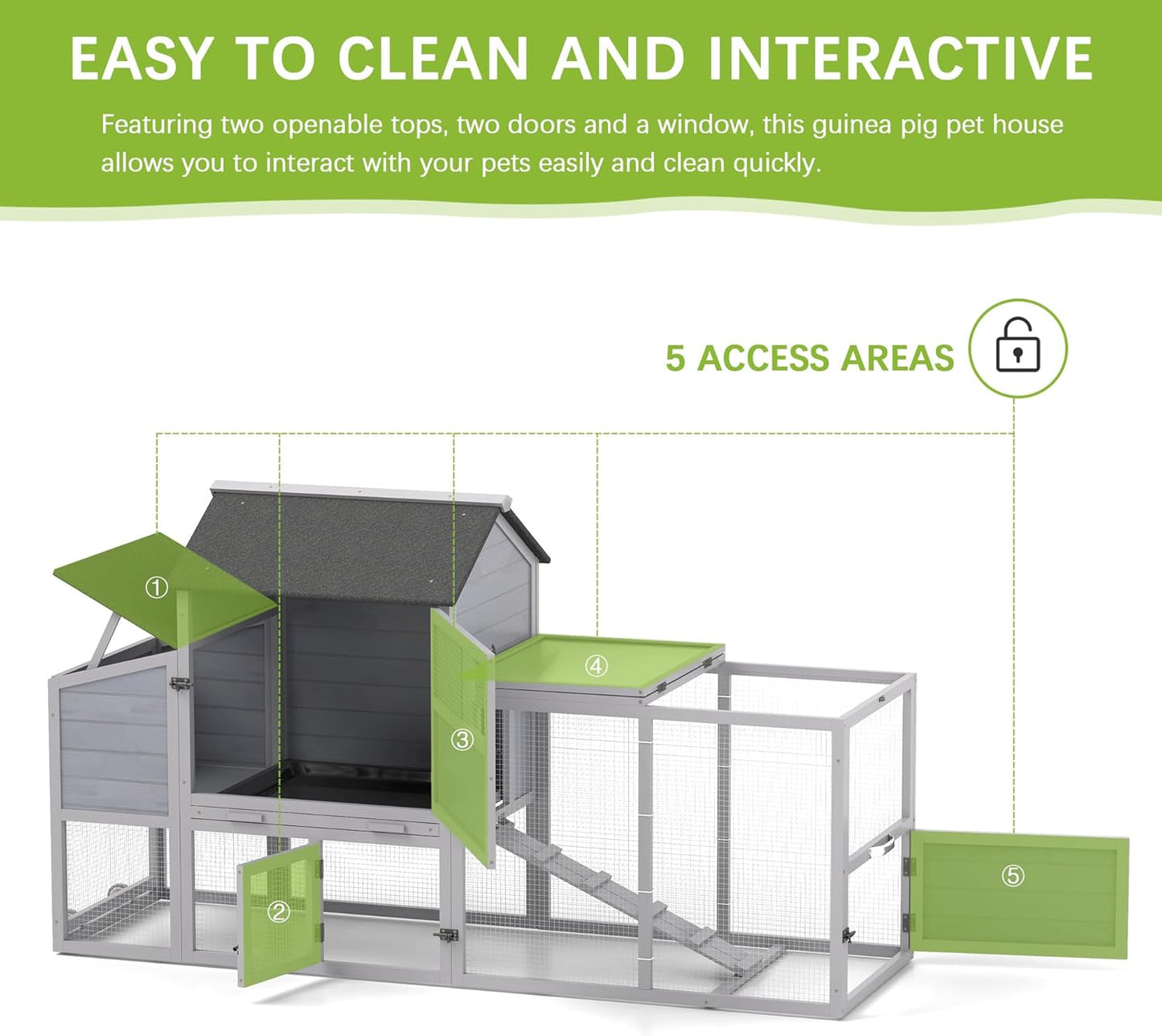 COZIWOW 82" Large Wooden Chicken Coop, Outdoor Rabbit Hutch with Wheels, Sunshine Board, Asphalt Roof, Ramp, Openable Top, Door, Window, Pull-Out Tray, Indoor Bunny Cage (Gray with Pattern)