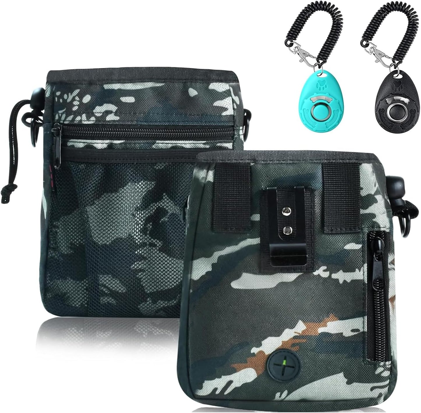 Dog Treat Pouch - 3 Ways to Wear Treat Pouches for Pet Training and 2 Pieces Clicker Taining for Dogs, Dog Training Treat Pouch Bag and Dog Clicker for Training with Waist Belt Shoulder Strap - Camo