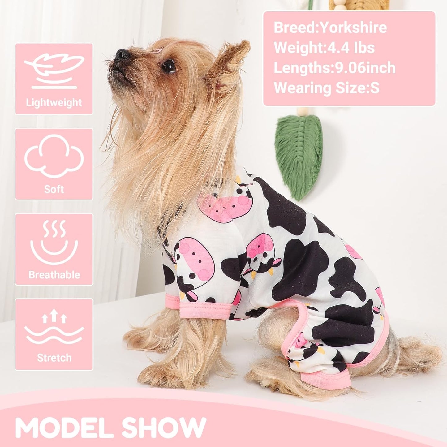 Dog Pajamas Small Sized Dogs Stretchable Summer Dog Clothes Pjs 4 Legs Girl Boy Cute Soft Puppy Outfits Doggie Cat Jammies Jumpsuit Sleeper for Pet, Pink Cow, L