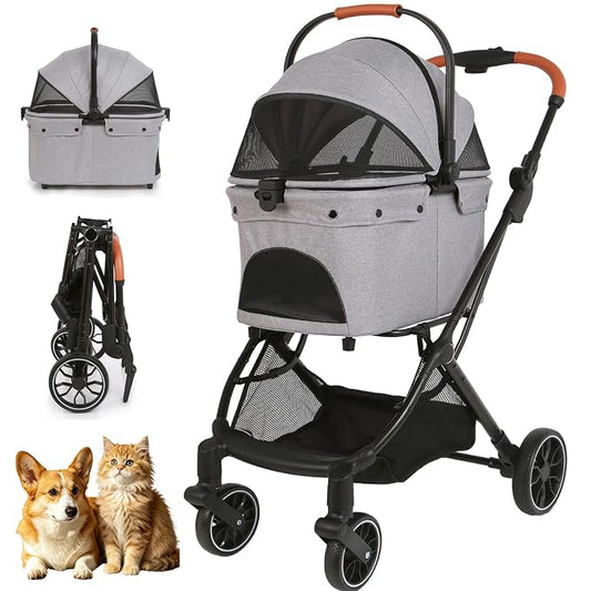Pet Stroller for Small Dogs and Cats, Detachable Dog Cat Stroller with All-Terrain Shock Absorbing Wheels, One-Click Foldable Design, Adjustable Canopy (Gray)