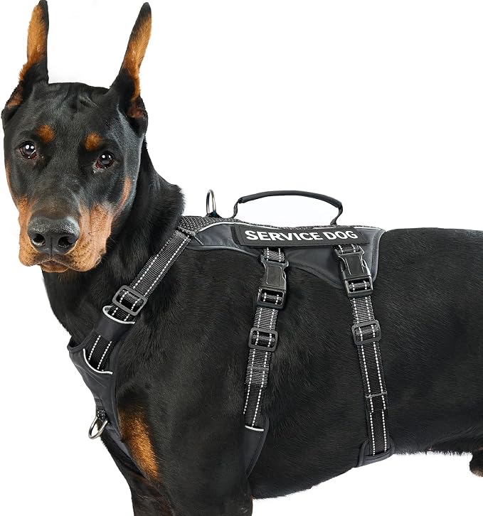 Service Dog Vest Harness, Escape Proof Harness with 6 Patches, No-Pull, Reflective Harness with Handle, Adjustable for Small to Large Dogs, for Training and Hiking (Black, L)
